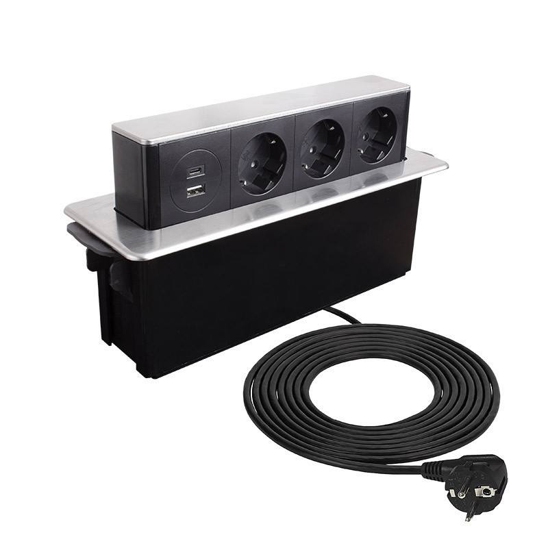 Gniazdo meblowe wpuszczane HOP BOX z USB stal drapana SCHUKO - HOPBOX-SD-3DE-UC-2-0