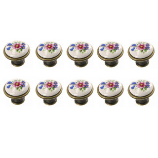 Gałka meblowa porcelanowa GTV Różowy kwiatek antyczny mosiądz - 10 sztuk