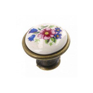 Gałka porcelanowa GTV Różowy kwiatek antyczny mosiądz