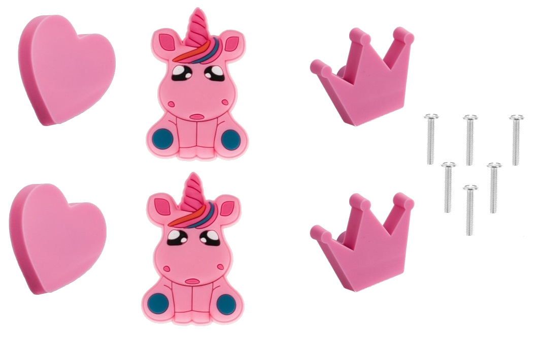 Uchwyty meblowe dziecięce Heart Crown Unicorn różowe 6 sztuk zestaw GTV